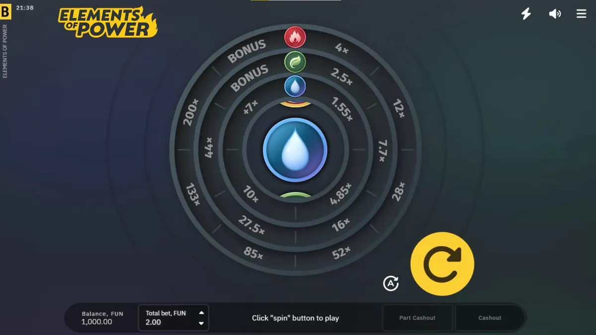 Tampilan visual slot Elements of Power dengan elemen alam yang bercahaya