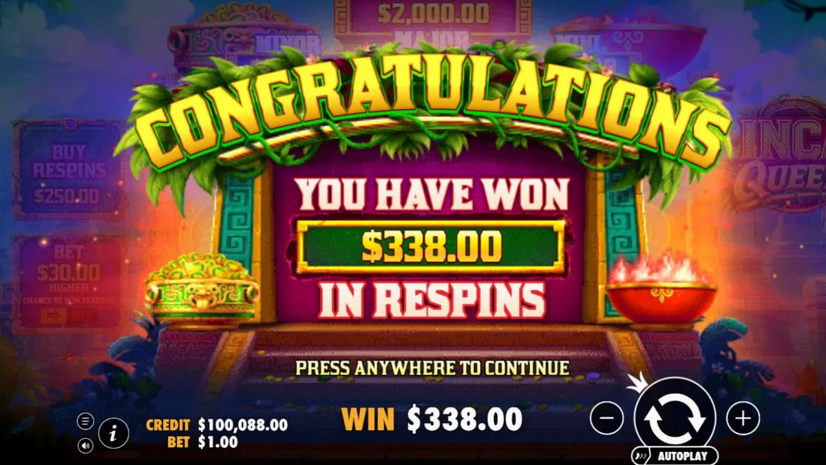 Inca Queen slot machine interface showing Incan temple theme