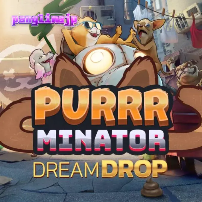 Tampilan layar utama slot Purrrminator Dream Drop dengan tema futuristik